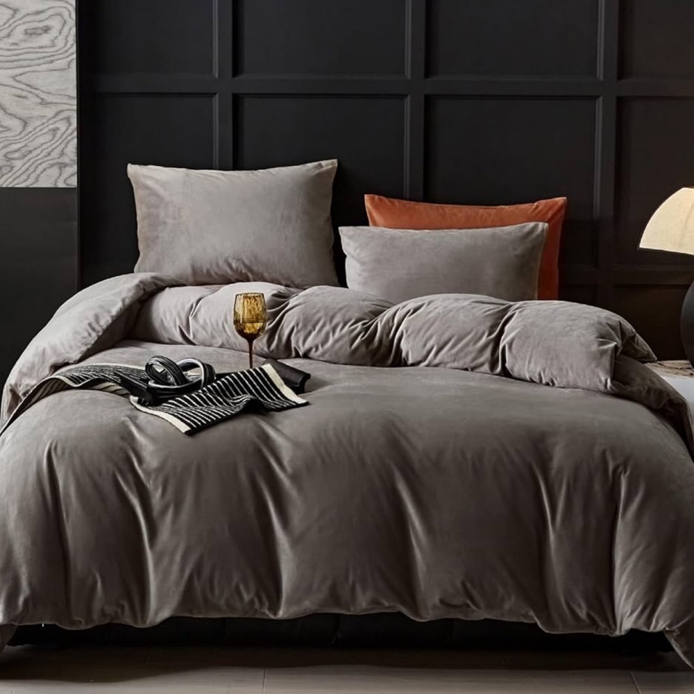 🆕 3 piece Mushroom Gray Beige Graeige Velvet Duvet Cover Set in size QUEEN